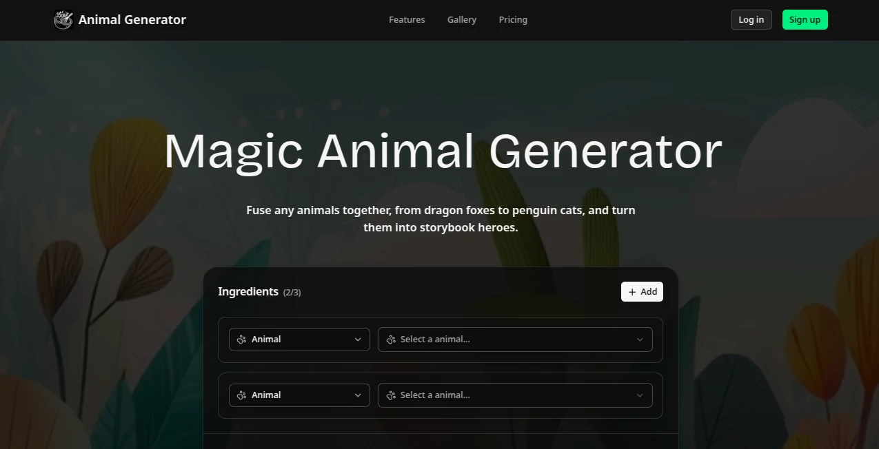 Screenshot of Animal Generator – An AI tool in the ,AI Text to Image ,AI Photo & Image Generator ,AI Illustration Generator ,AI Art Generator  category, showcasing its interface and key features.
