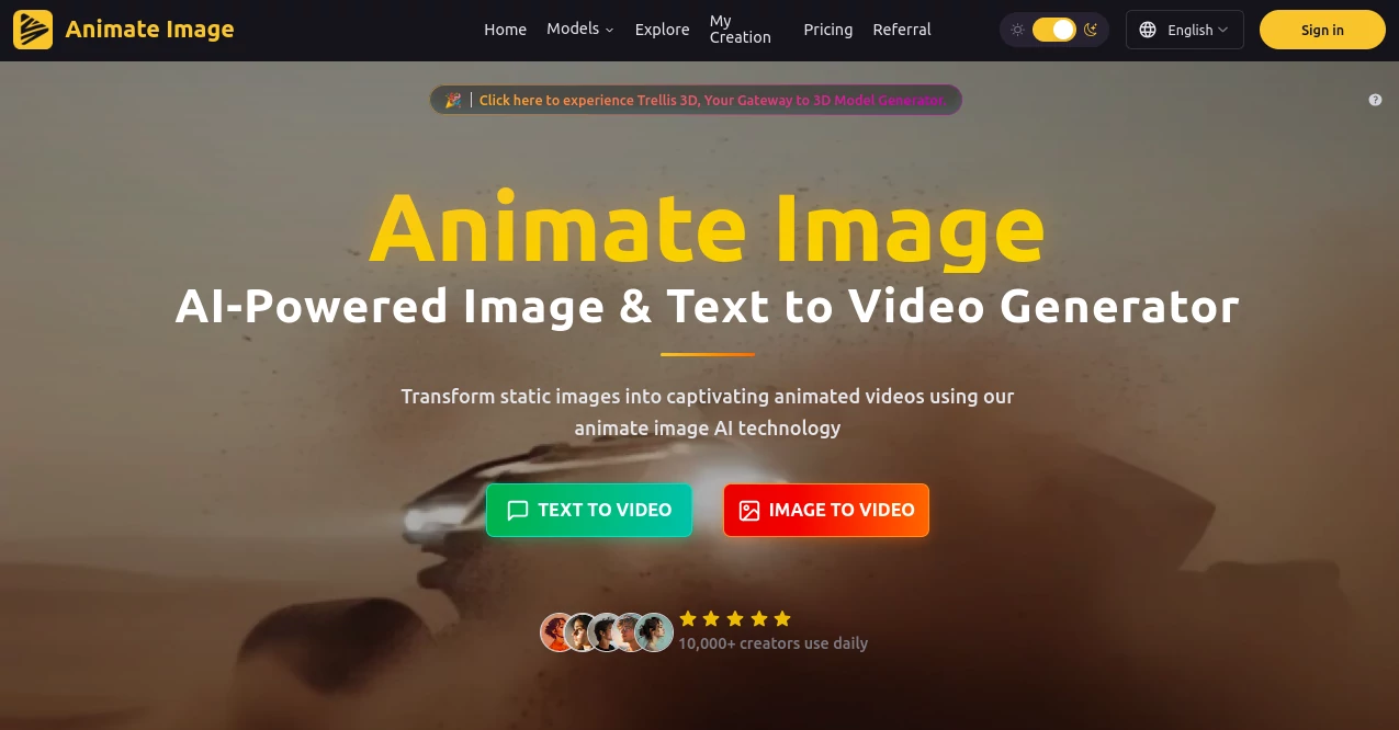 Screenshot of Animate Image – An AI tool in the ,Photo & Image Editor ,AI Photo Enhancer ,AI Animated Video ,AI Image to Video  category, showcasing its interface and key features.