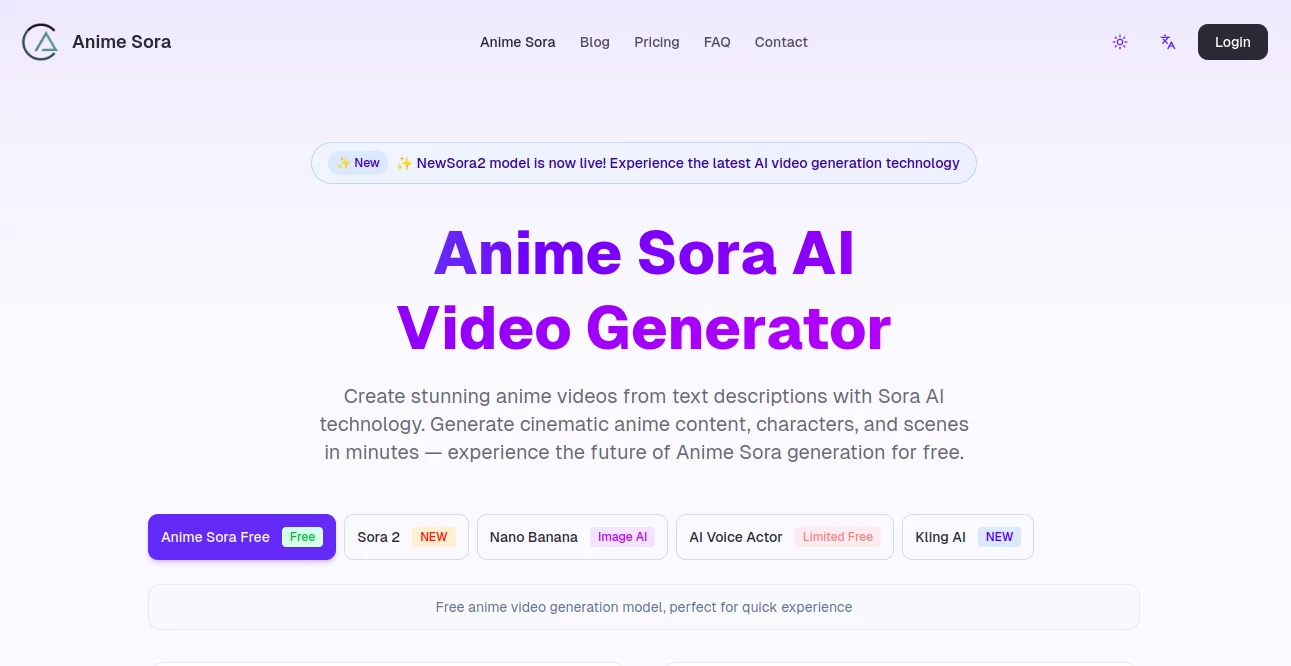 Screenshot of Anime Sora – An AI tool in the ,AI Anime & Cartoon Generator ,AI Image to Video ,AI Text to Video ,AI Video Generator  category, showcasing its interface and key features.