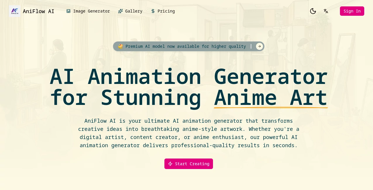 Screenshot of AniFlow AI – An AI tool in the ,AI Text to Image ,AI Image to Image ,AI Art Generator ,AI Anime Art  category, showcasing its interface and key features.