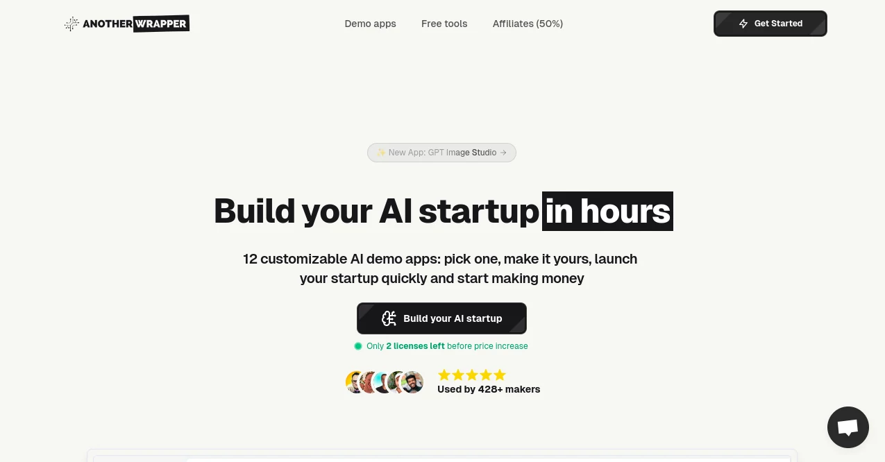 Screenshot of AnotherWrapper – An AI tool in the ,AI Landing Page Builder ,AI No-Code & Low-Code ,AI Developer Tools ,AI App Builder  category, showcasing its interface and key features.