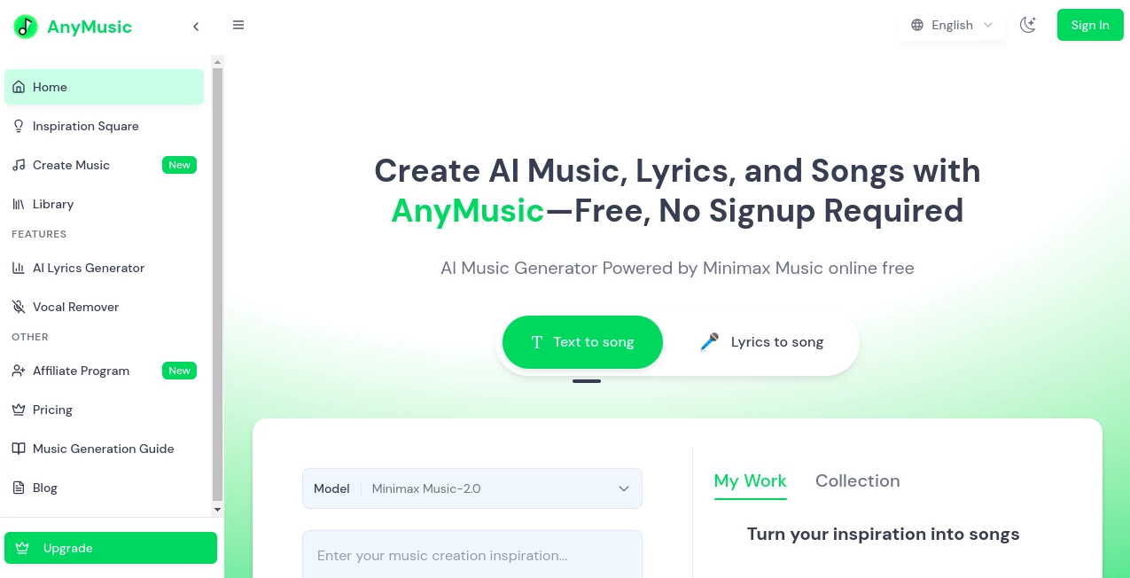 Screenshot of AnyMusic – An AI tool in the ,AI Lyrics Generator ,AI Music Generator ,AI Text to Music ,AI Singing Generator  category, showcasing its interface and key features.