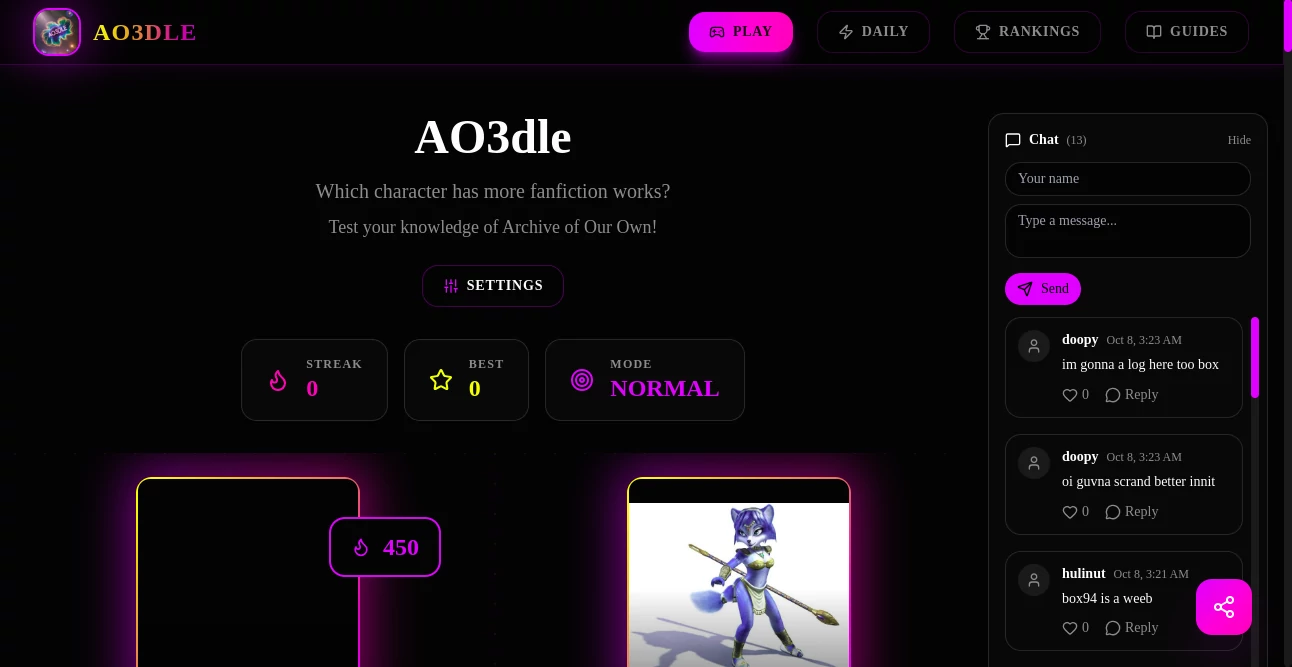 Screenshot of ao3dle – An AI tool in the ,AI Game ,AI Fun Tools  category, showcasing its interface and key features.