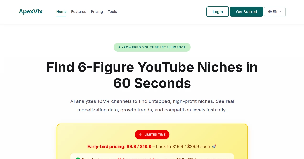 Screenshot of ApexVix – An AI tool in the ,AI Research Tool ,AI YouTube Assistant ,AI Analytics Assistant ,AI Marketing Plan Generator  category, showcasing its interface and key features.