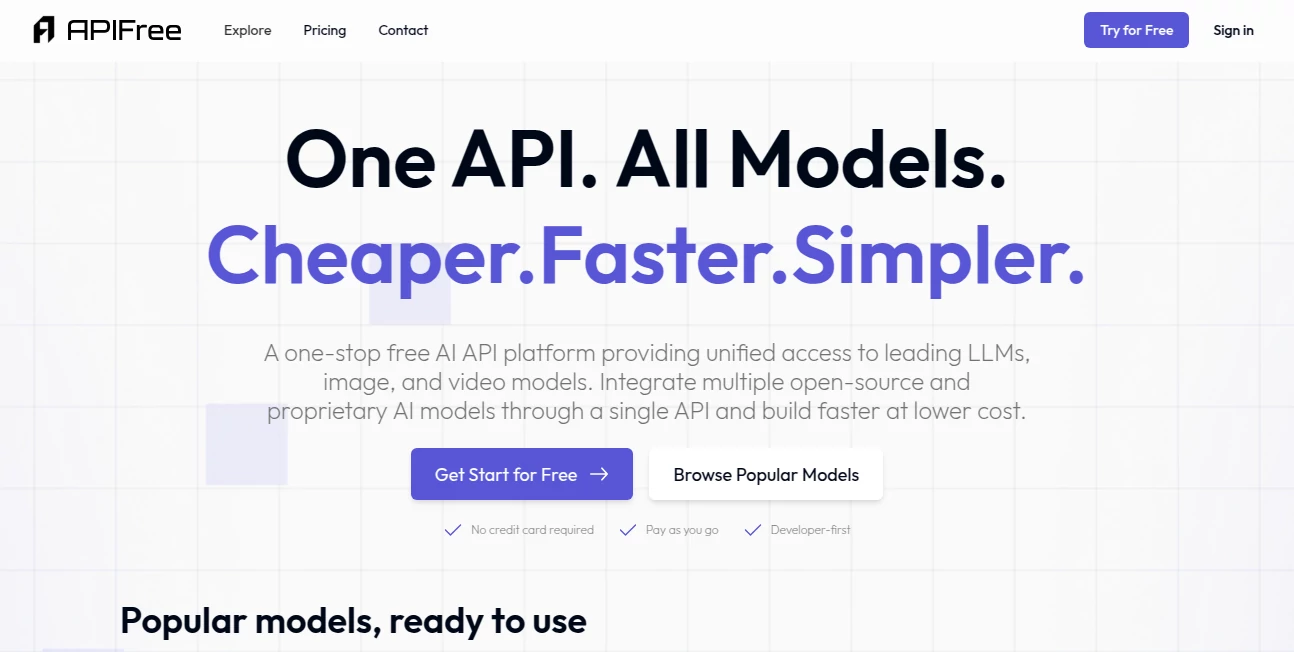 Screenshot of APIFree – An AI tool in the ,AI API Design ,AI Developer Tools  category, showcasing its interface and key features.