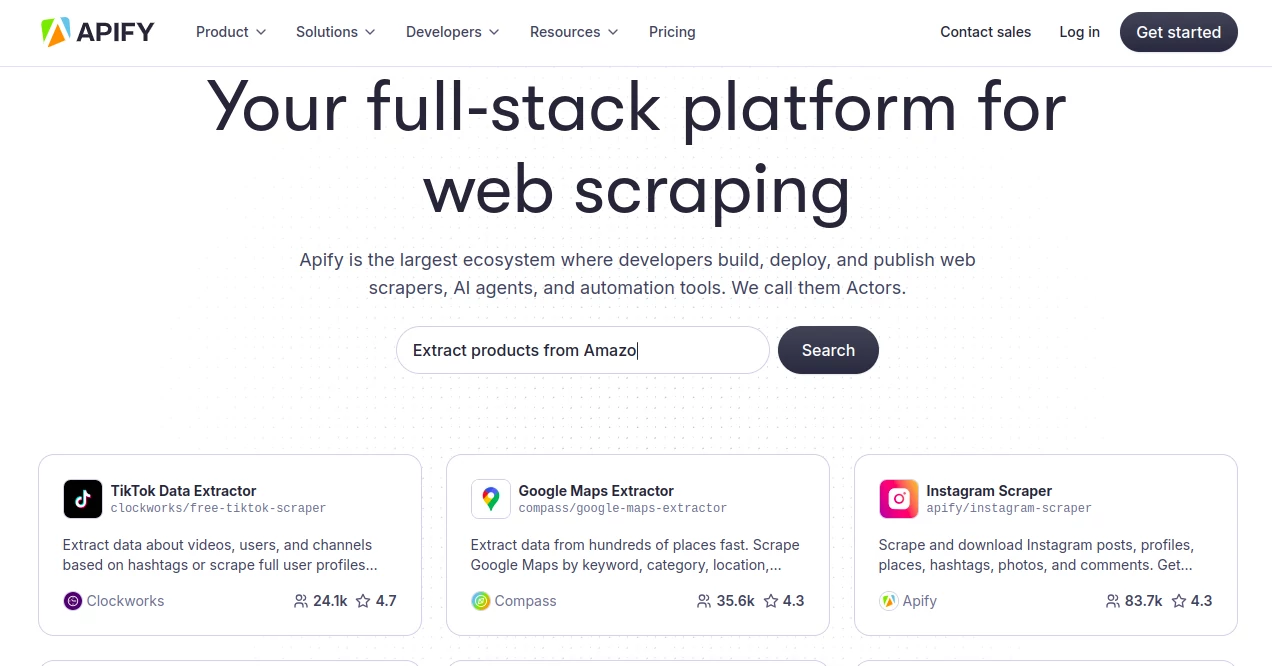 Screenshot of Apify – An AI tool in the ,AI Web Scraping ,AI Instagram Assistant ,AI Document Extraction ,AI Tiktok Assistant ,AI Social Media Assistant ,AI Hashtag Assistant ,AI Reviews Assistant ,AI Lead Generation  category, showcasing its interface and key features.