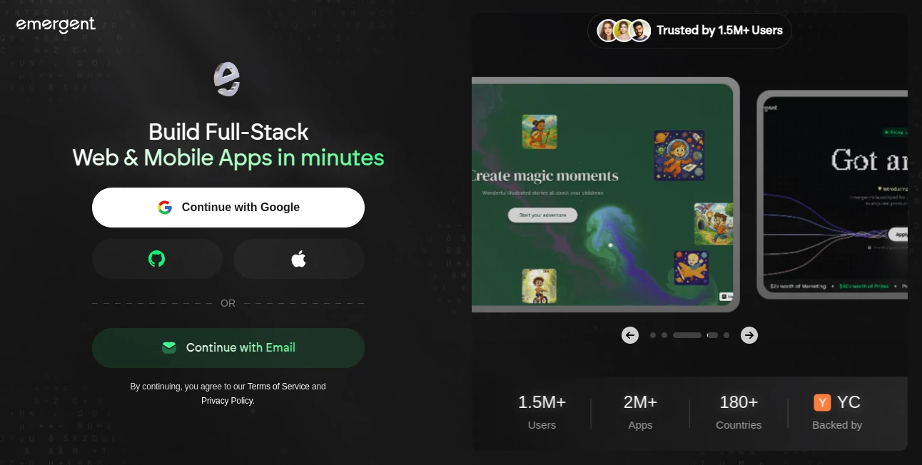 Screenshot of Emergent – An AI tool in the ,AI No-Code & Low-Code ,AI Developer Tools ,AI App Builder ,AI Workflow Management  category, showcasing its interface and key features.