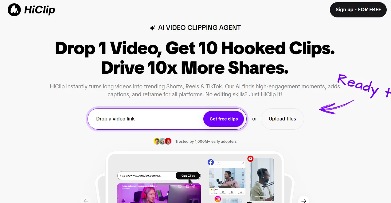 Screenshot of Hi Clip – An AI tool in the ,AI Captions or Subtitle ,AI Video Editor ,AI Video to Video ,AI Short Clips Generator  category, showcasing its interface and key features.