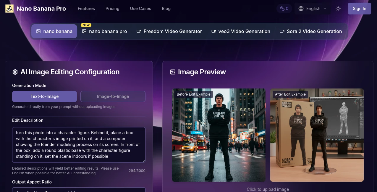 Screenshot of Nano Banana Pro – An AI tool in the ,Photo & Image Editor ,AI Photo Enhancer ,AI Image to Image ,AI Art Generator  category, showcasing its interface and key features.