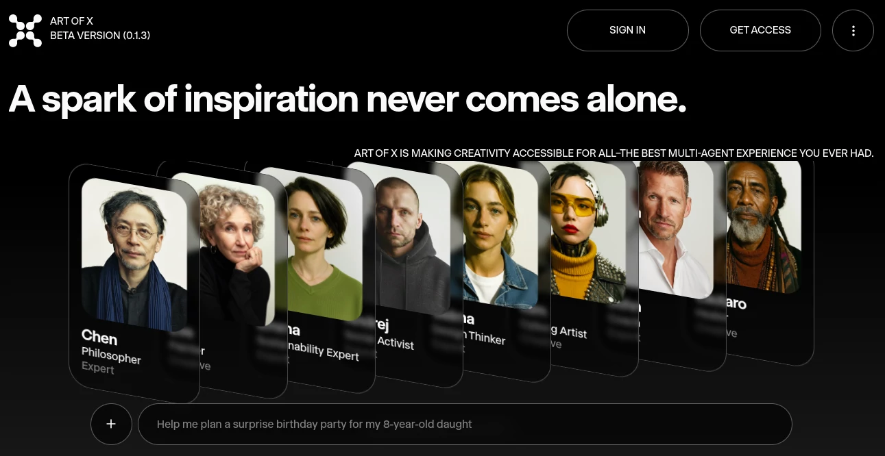 Screenshot of ART OF X – An AI tool in the ,AI Creative Writing ,AI Art Generator ,AI Design Assistant ,AI Team Collaboration  category, showcasing its interface and key features.