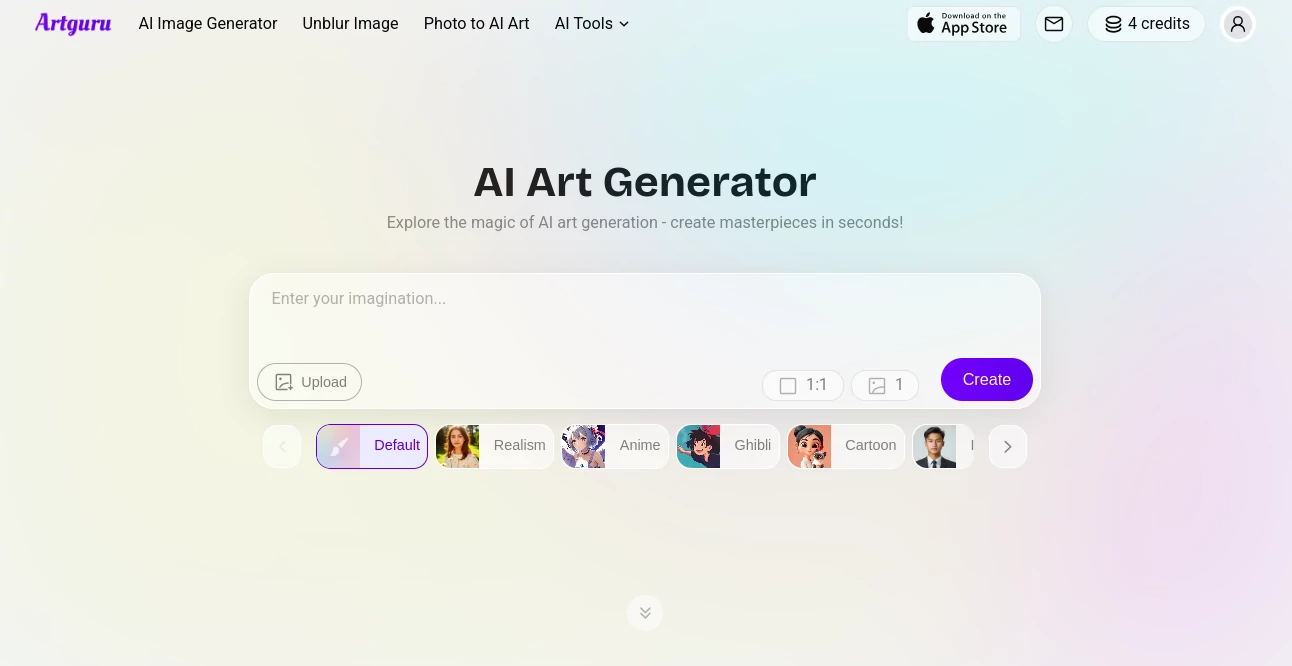 Screenshot of Artguru – An AI tool in the ,AI Art Generator ,AI Anime & Cartoon Generator ,AI Face Swap Generator ,AI Image to Image ,AI Selfie & Portrait ,AI Wallpaper Generator ,AI Profile Picture Generator ,AI Photo Enhancer ,Photo & Image Editor ,AI Logo Generator ,AI Cover Generator ,AI Banner Generator ,AI Background Generator ,AI Avatar Generator ,AI Illustration Generator ,AI Photo & Image Generator ,AI Text to Image  category, showcasing its interface and key features.