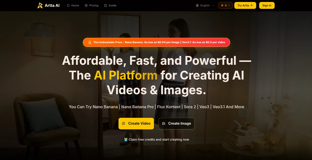 Screenshot of Artta AI – An AI tool in the ,AI Animated Video ,AI Image to Video ,AI Text to Video ,AI Video Generator  category, showcasing its interface and key features.