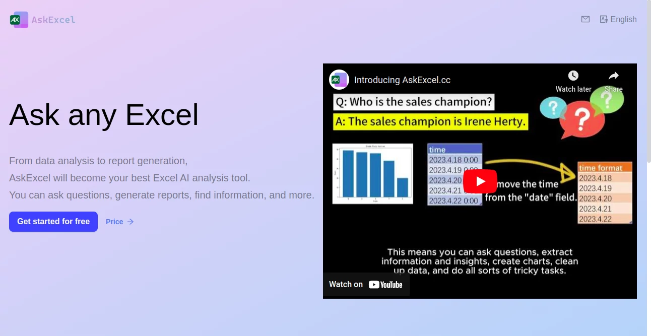 Screenshot of AskExcel – An AI tool in the ,AI Research Tool ,AI Homework Helper ,AI Spreadsheet ,AI Productivity Tools  category, showcasing its interface and key features.