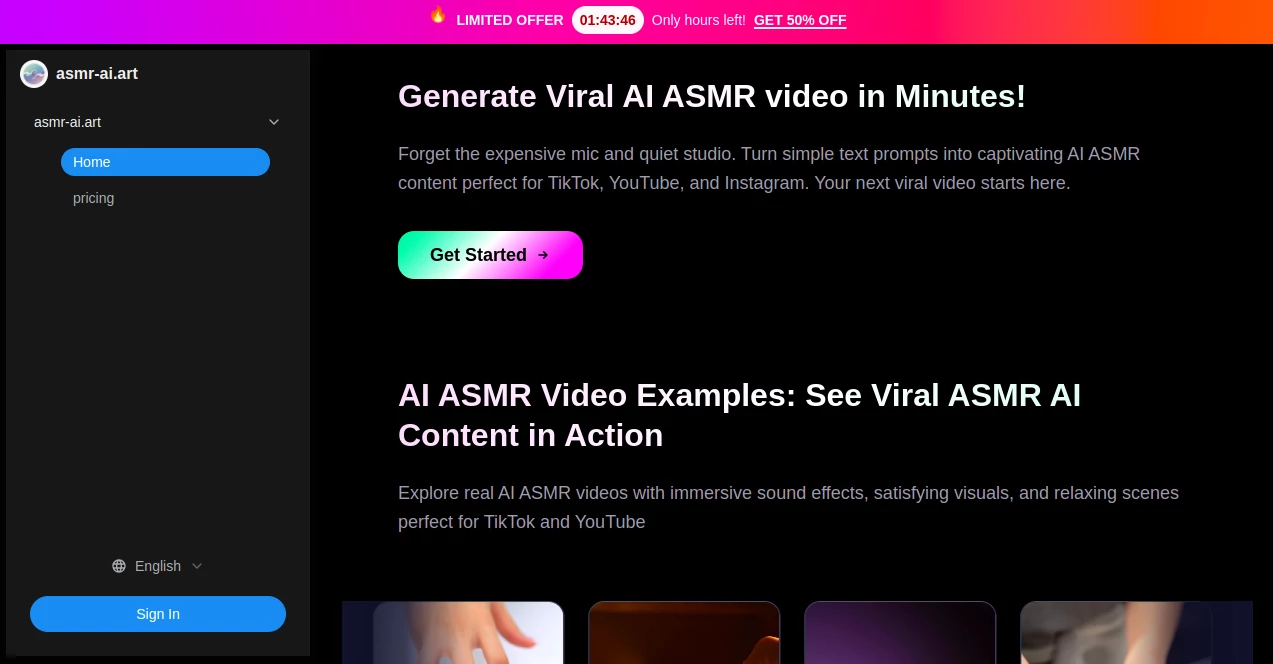 Screenshot of asmr-ai.art – An AI tool in the ,AI Animated Video ,AI Music Video Generator ,AI Text to Video ,AI Video Generator  category, showcasing its interface and key features.