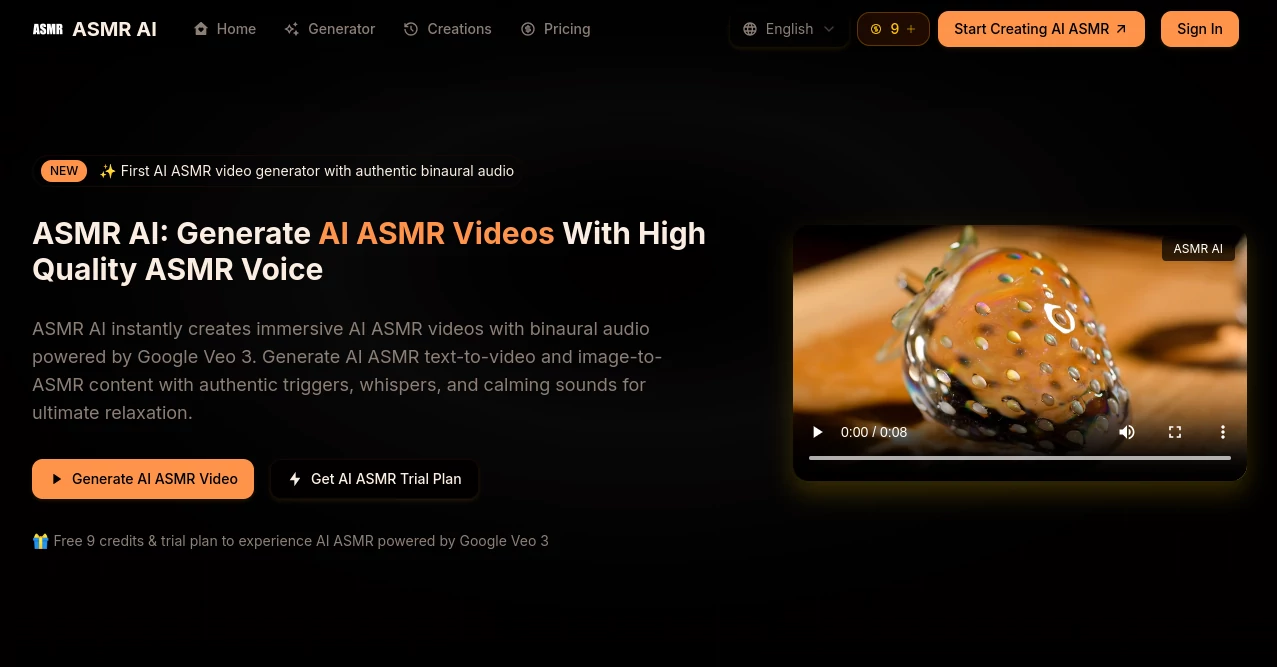 Screenshot of ASMR AI – An AI tool in the ,AI Creative Writing ,AI Voice & Audio Editing ,AI Life Assistant ,AI Mental Health  category, showcasing its interface and key features.