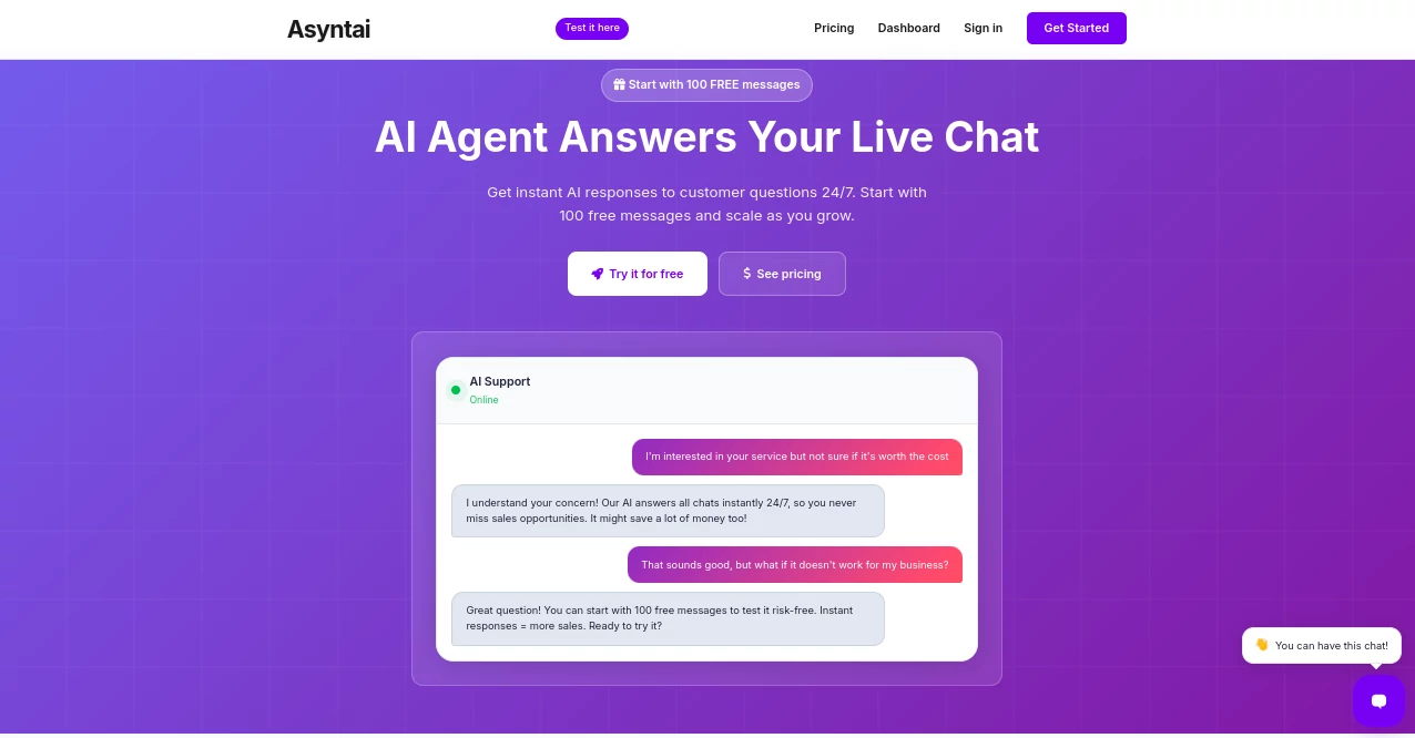Screenshot of Asyntai – An AI tool in the ,AI Productivity Tools ,AI Workflow Management  category, showcasing its interface and key features.