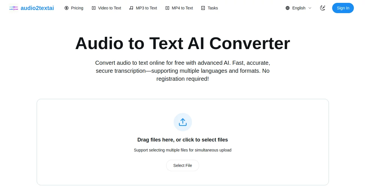 Screenshot of audio2textai – An AI tool in the ,AI Transcriber ,AI Video to Video ,AI Speech to Text ,AI Recording  category, showcasing its interface and key features.