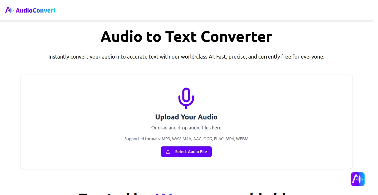 Screenshot of audioconvert – An AI tool in the ,AI Transcription ,AI Audio Enhancer ,AI Speech to Text ,AI Productivity Tools  category, showcasing its interface and key features.