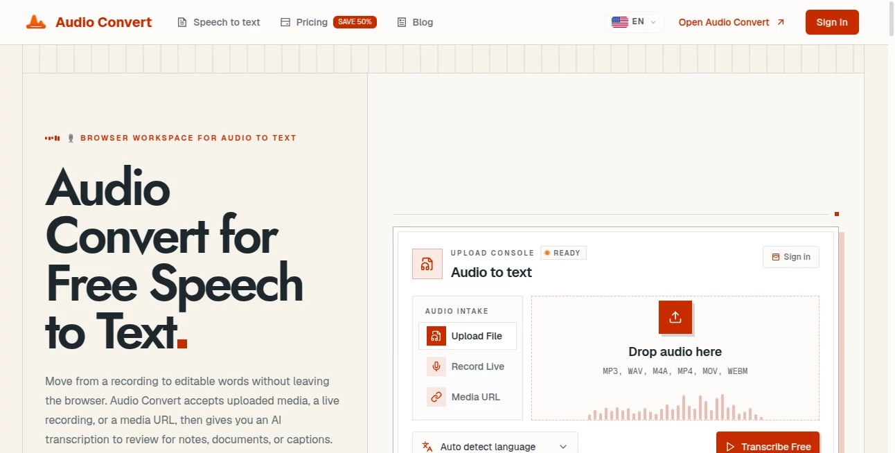 Screenshot of Audio Convert – An AI tool in the ,AI Audio Enhancer ,AI Productivity Tools ,AI Voice & Audio Editing  category, showcasing its interface and key features.