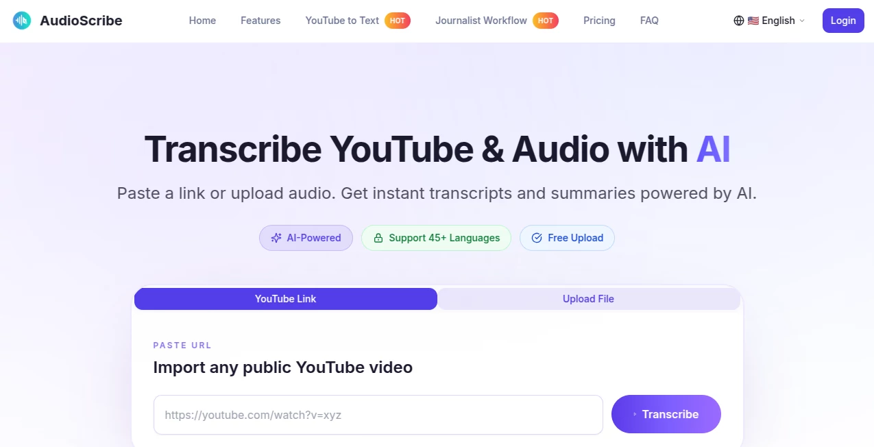 Screenshot of AudioScribe – An AI tool in the ,AI Meeting Assistant ,AI Summarizer ,AI Transcription ,AI Speech to Text  category, showcasing its interface and key features.