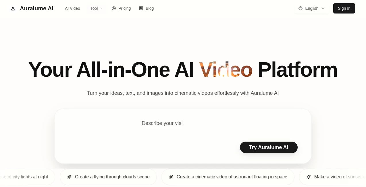 Screenshot of Auralume AI – An AI tool in the ,AI Animated Video ,AI Image to Video ,AI Text to Video ,AI Video Generator  category, showcasing its interface and key features.