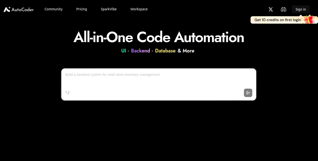 Screenshot of AutoCoder – An AI tool in the ,AI No-Code & Low-Code ,AI Code Generator ,AI Developer Tools ,AI App Builder  category, showcasing its interface and key features.