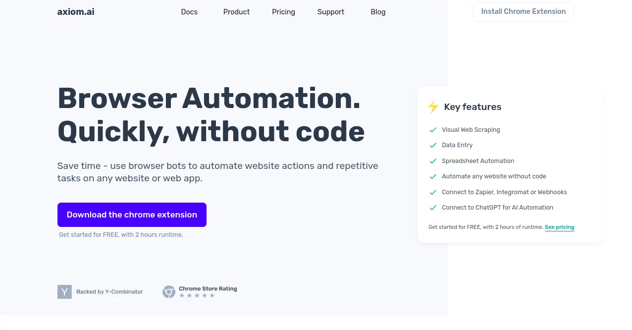 Screenshot of axiom.ai – An AI tool in the ,AI No-Code & Low-Code ,AI Web Scraping ,AI Browsers Builder  category, showcasing its interface and key features.