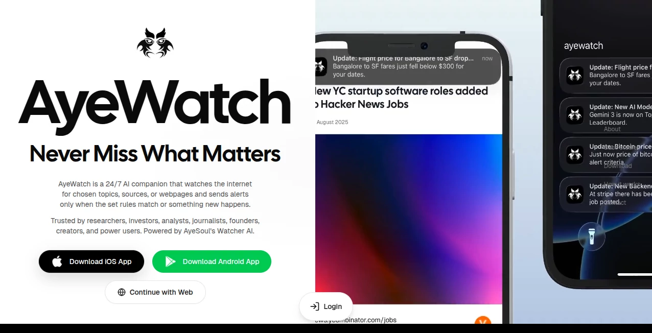 Screenshot of AyeWatch AI – An AI tool in the ,AI Search Engine ,AI Web Scraping ,AI Research Tool ,AI Analytics Assistant  category, showcasing its interface and key features.