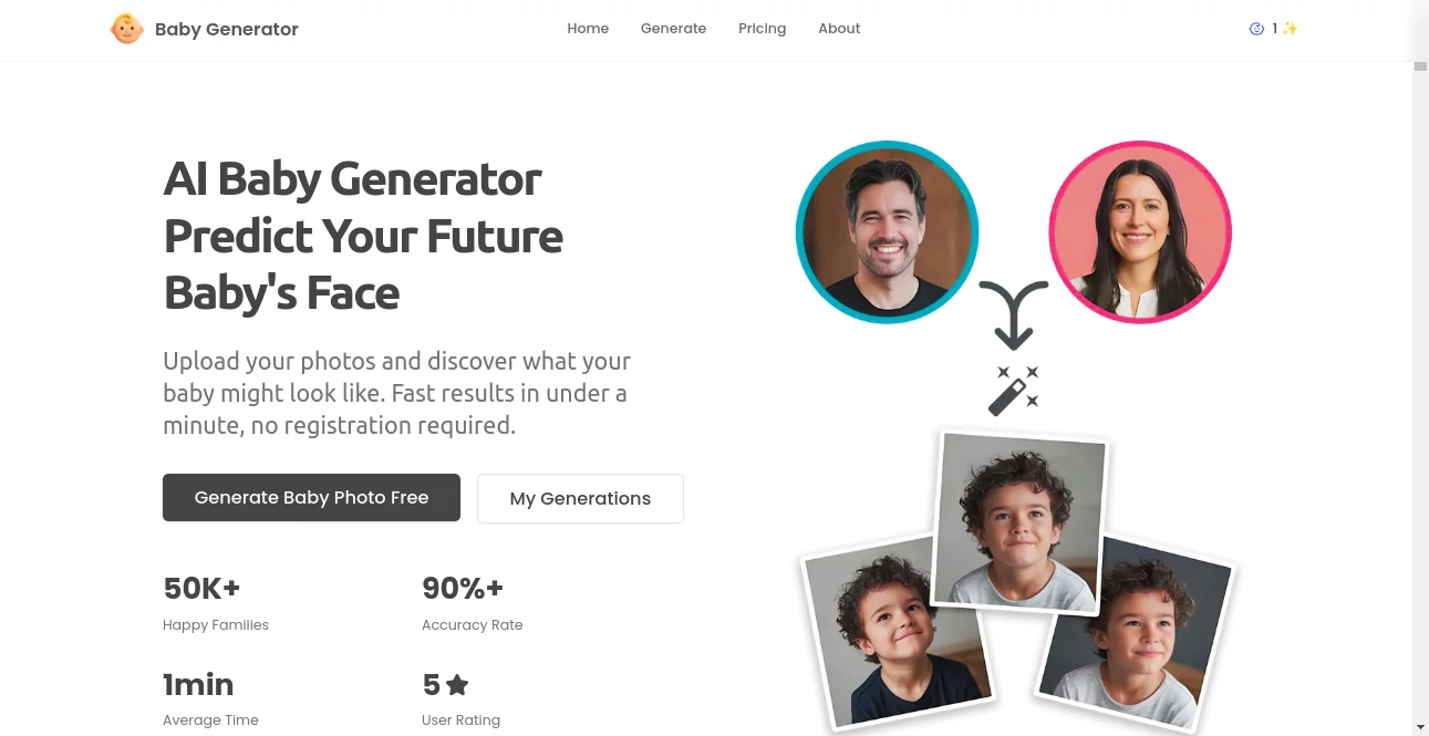 Screenshot of Baby Generator – An AI tool in the ,AI Photo & Image Generator ,Photo & Image Editor ,AI Image to Image ,AI Fun Tools  category, showcasing its interface and key features.