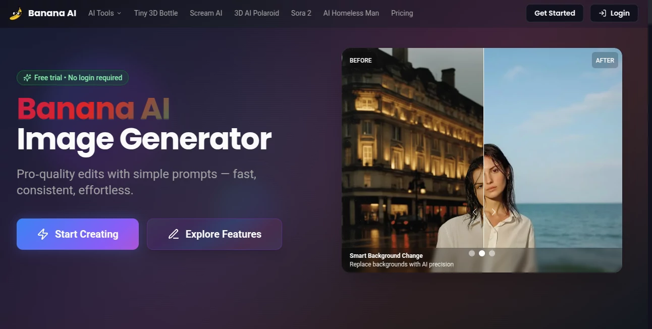 Screenshot of Banana AI – An AI tool in the ,AI Photo & Image Generator ,AI Art Generator ,AI Design Generator ,AI Text to Image  category, showcasing its interface and key features.