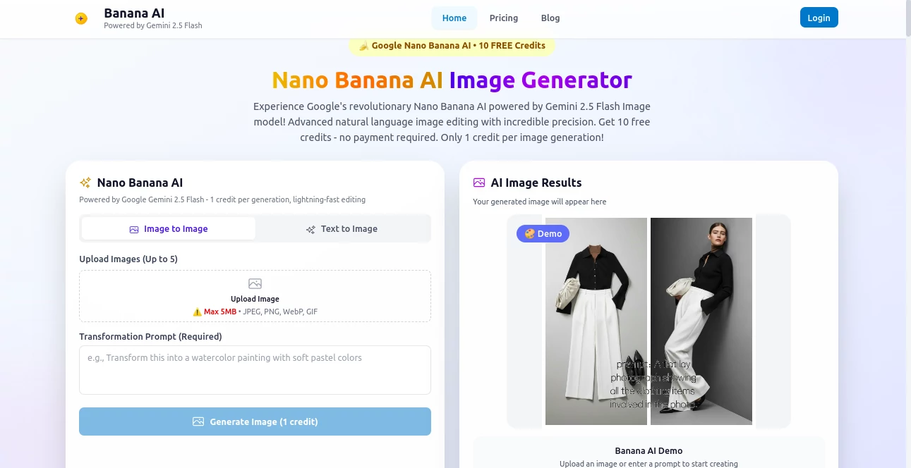 Screenshot of Nano Banana AI Image Generator – An AI tool in the ,AI Photo & Image Generator ,Photo & Image Editor ,AI Photo Enhancer ,AI Image to Image  category, showcasing its interface and key features.
