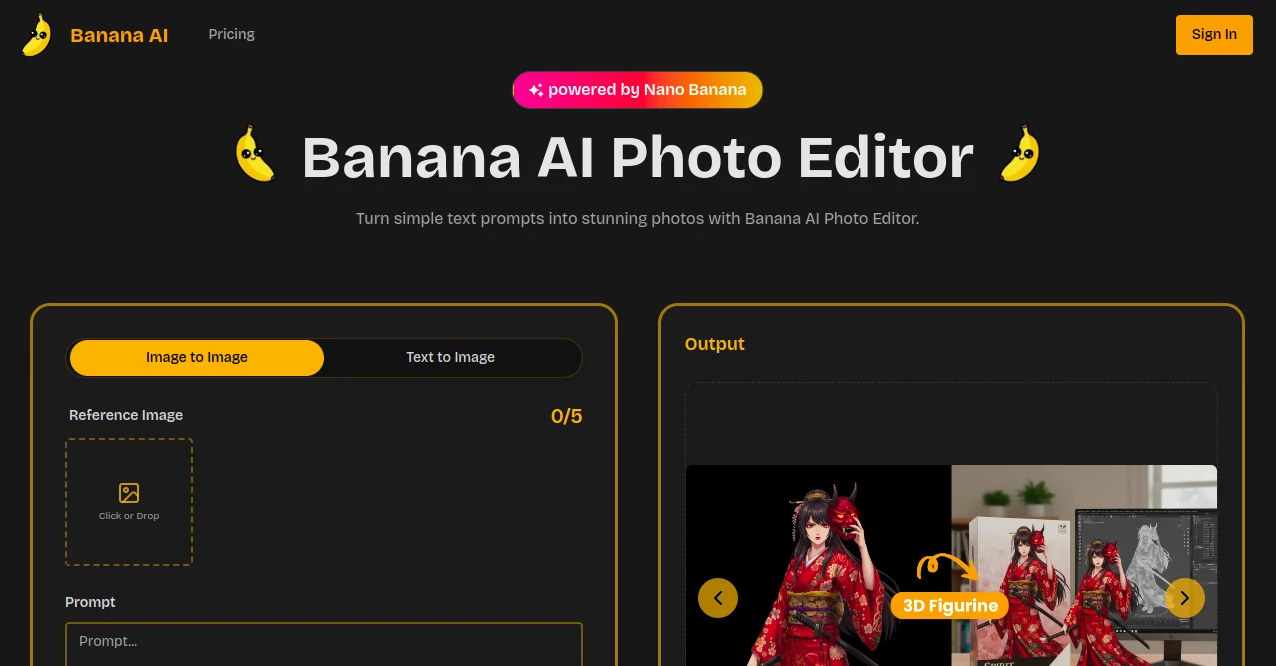 Screenshot of Banana AI – An AI tool in the ,AI Text to Image ,AI Photo & Image Generator ,Photo & Image Editor ,AI Design Generator  category, showcasing its interface and key features.
