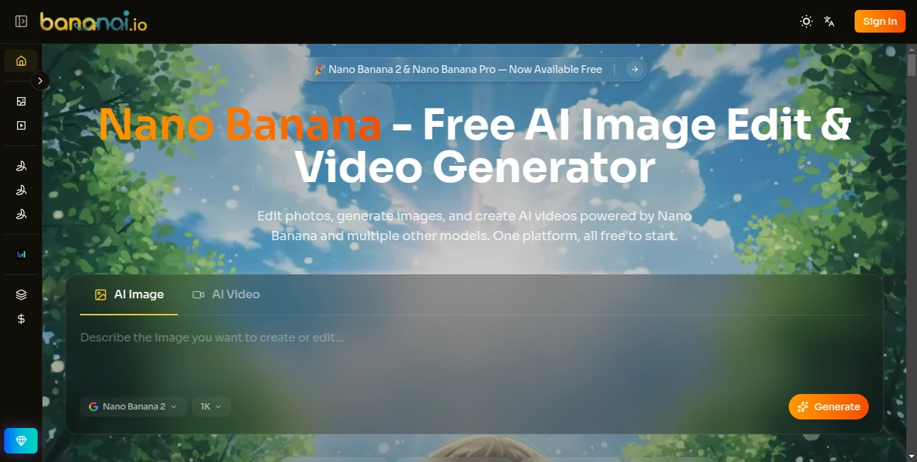 Screenshot of Banana AI – An AI tool in the ,AI Photo & Image Generator ,AI Image to Video ,Photo & Image Editor ,AI Image to Image  category, showcasing its interface and key features.