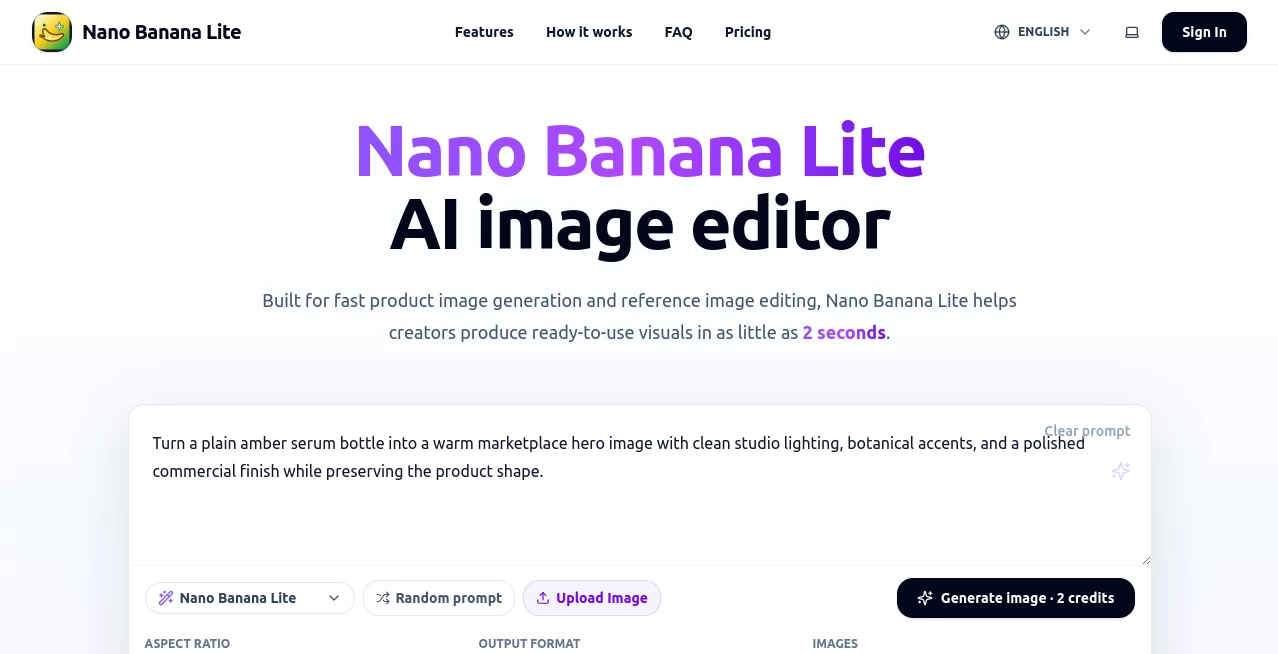 Screenshot of Nano Banana Lite – An AI tool in the ,AI Photo & Image Generator ,Photo & Image Editor ,AI Image to Image ,AI E-commerce Assistant  category, showcasing its interface and key features.