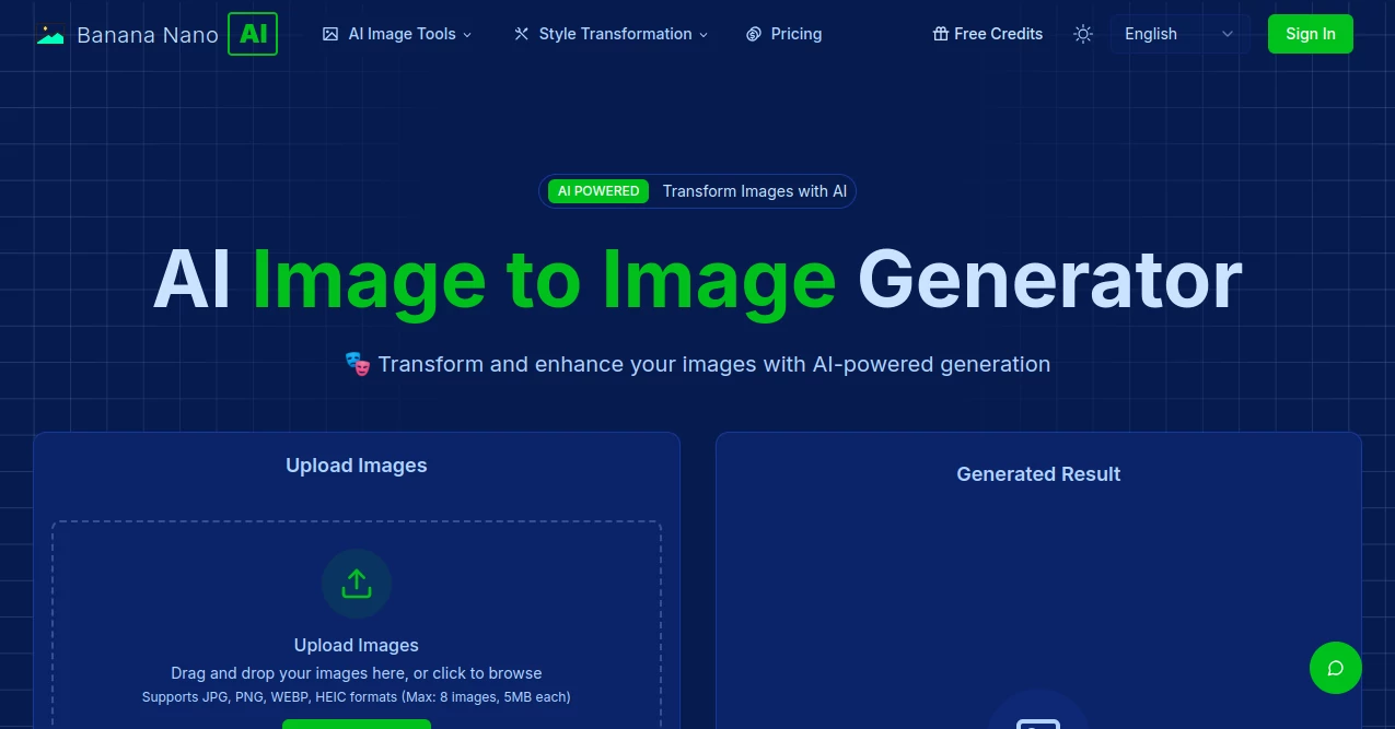Screenshot of AI Image to Image Generator – An AI tool in the ,Photo & Image Editor ,AI Image to Image ,AI Art Generator ,AI Design Generator  category, showcasing its interface and key features.