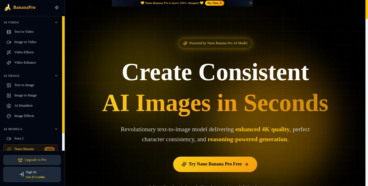 Screenshot of BananaPro – An AI tool in the ,AI Animated Video ,AI Image to Video ,AI Text to Video ,AI Video Generator  category, showcasing its interface and key features.