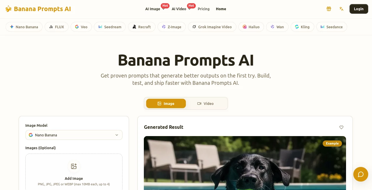 Screenshot of Banana Prompts AI – An AI tool in the ,AI Creative Writing ,AI Content Generator ,AI Art Generator ,AI Design Generator  category, showcasing its interface and key features.
