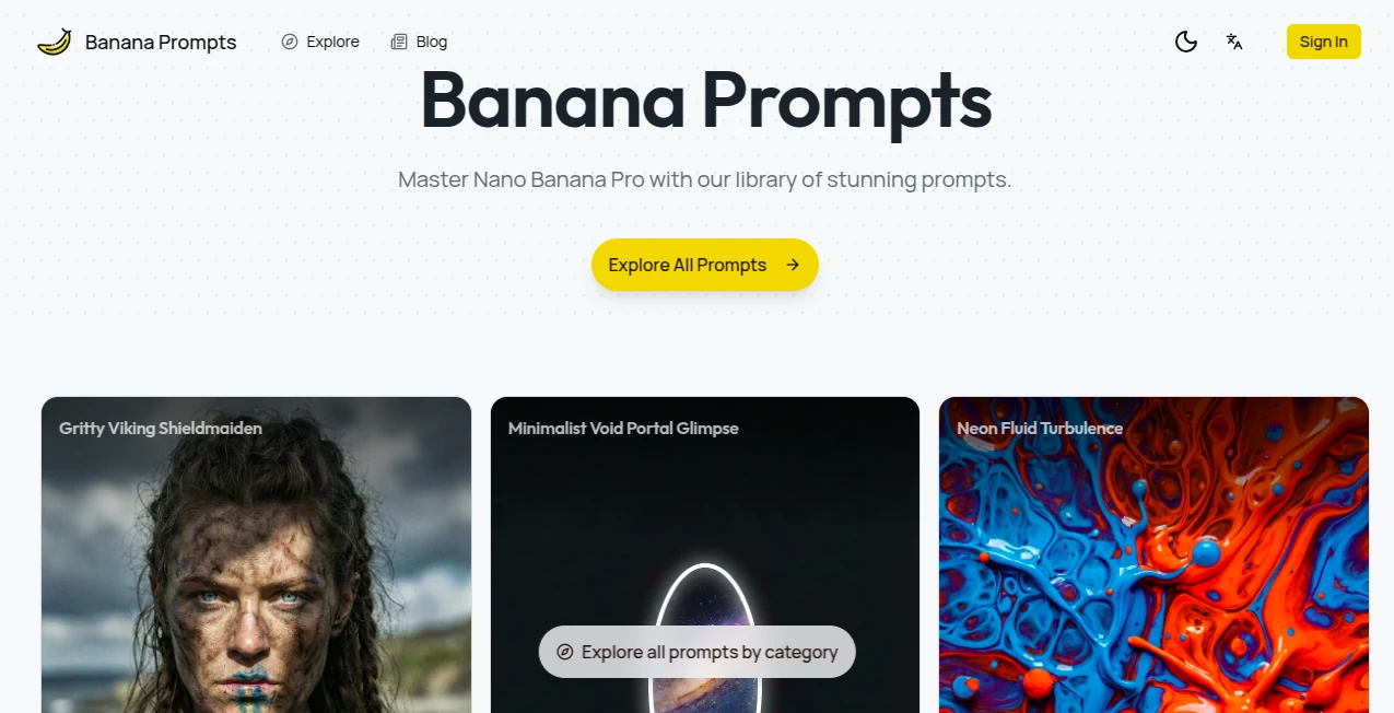 Screenshot of Banana Prompts – An AI tool in the ,AI Creative Writing ,AI Text to Image ,AI Photo & Image Generator ,AI Art Generator  category, showcasing its interface and key features.