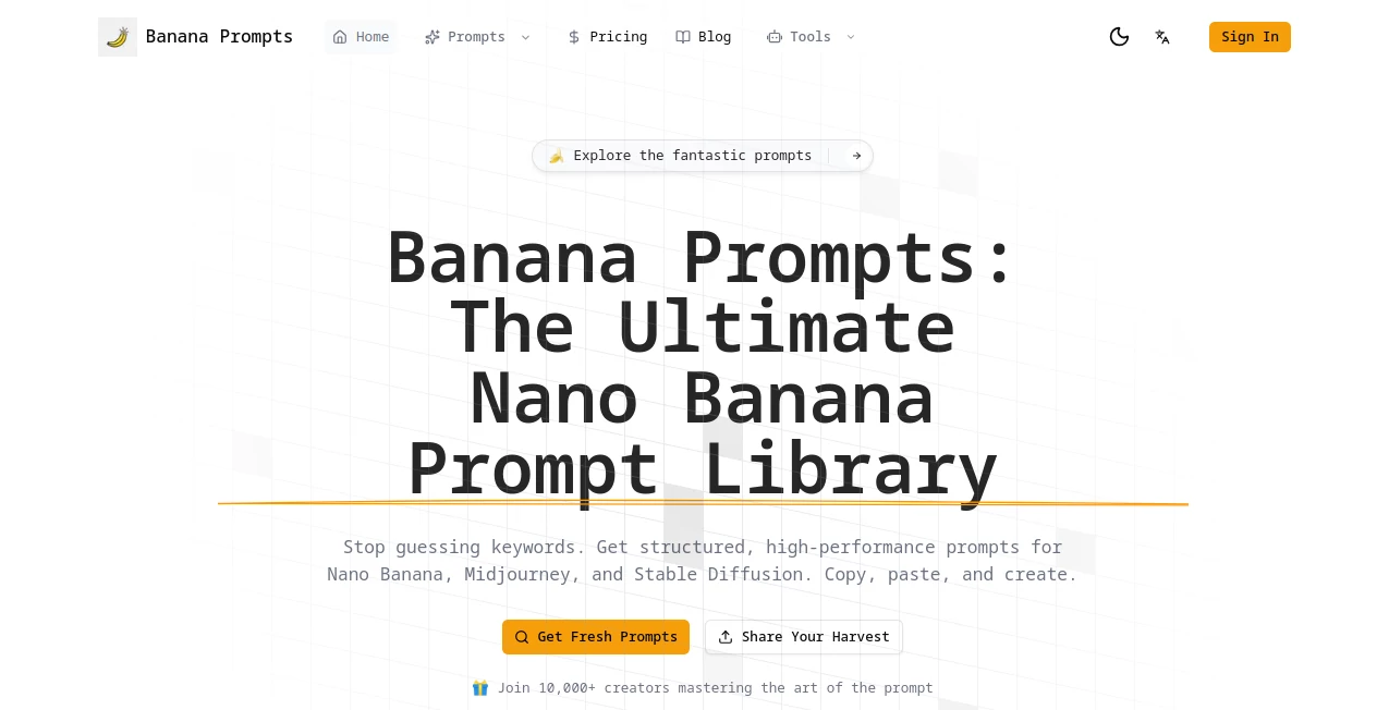 Screenshot of Banana Prompts – An AI tool in the ,AI Creative Writing ,AI Photo & Image Generator ,AI Art Generator ,AI Design Generator  category, showcasing its interface and key features.