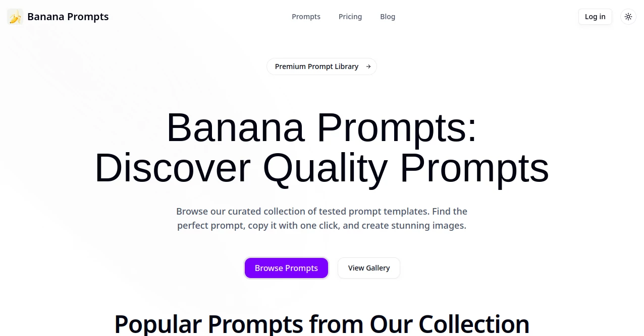 Screenshot of Banana Prompts – An AI tool in the ,AI Text to Image ,AI Photo & Image Generator ,AI Art Generator ,Large Language Models (LLMs)  category, showcasing its interface and key features.