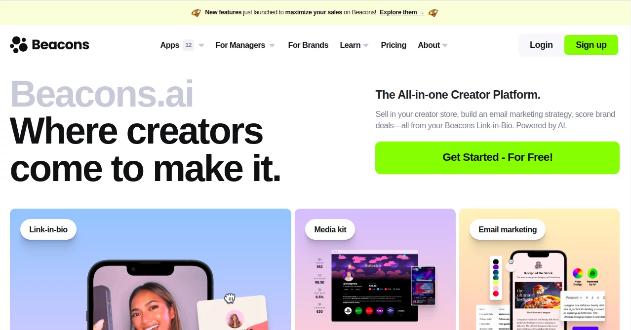 Screenshot of Beacons – An AI tool in the ,AI Bio Link ,AI Website Builder ,AI No-Code & Low-Code ,AI Email Marketing ,AI Advertising Assistant  category, showcasing its interface and key features.