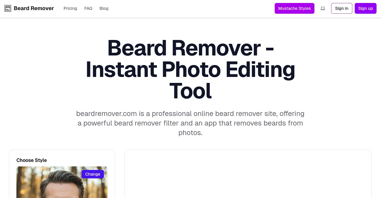 Screenshot of Beard Remover – An AI tool in the ,AI Background Remover ,Photo & Image Editor ,AI Photo Enhancer ,AI Image to Image  category, showcasing its interface and key features.