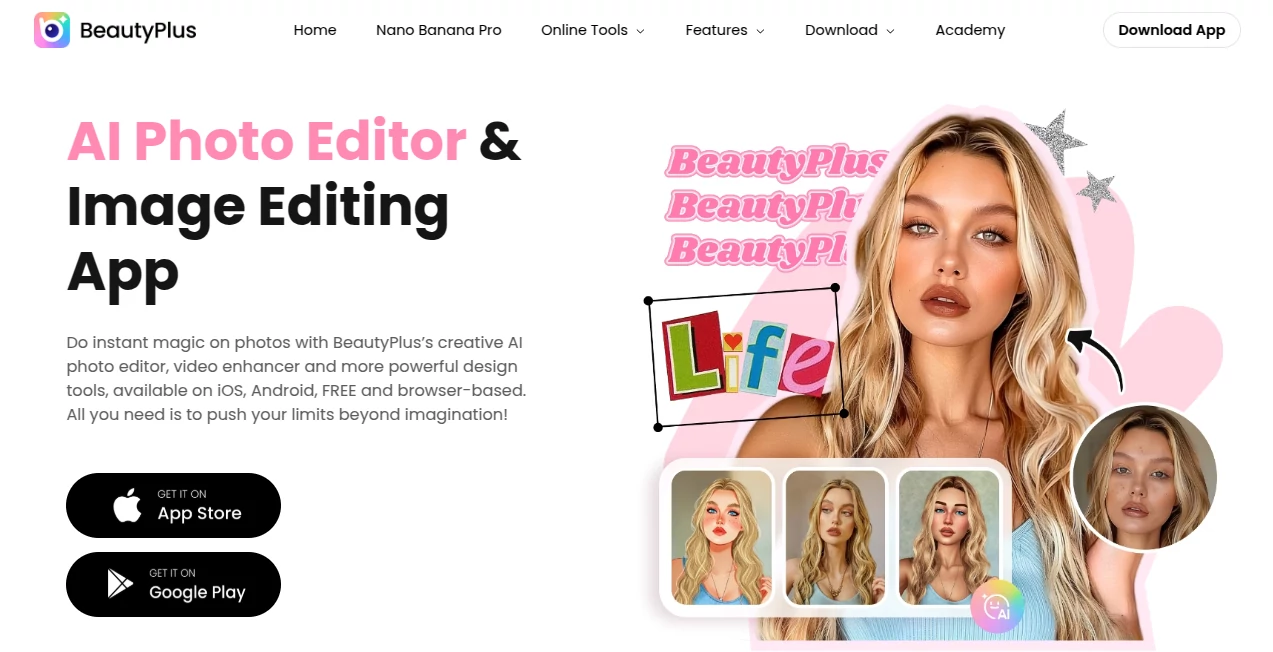 Screenshot of BeautyPlus – An AI tool in the ,AI Photo & Image Generator ,Photo & Image Editor ,AI Image to Image ,AI Graphic Design  category, showcasing its interface and key features.