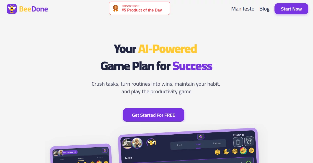 Screenshot of BeeDone – An AI tool in the ,AI Coaching ,AI Productivity Tools ,AI Task Management ,AI Workflow Management  category, showcasing its interface and key features.