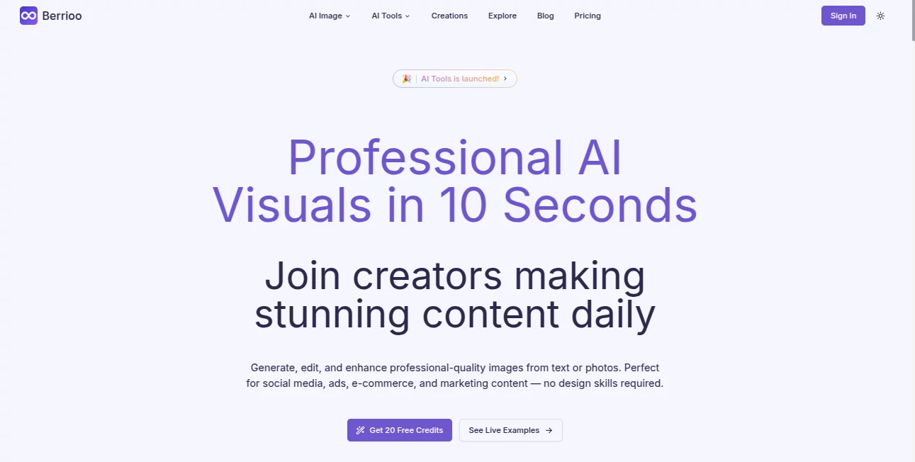 Screenshot of Berrioo – An AI tool in the ,AI Photo & Image Generator ,Photo & Image Editor ,AI Art Generator ,AI Text to Image  category, showcasing its interface and key features.