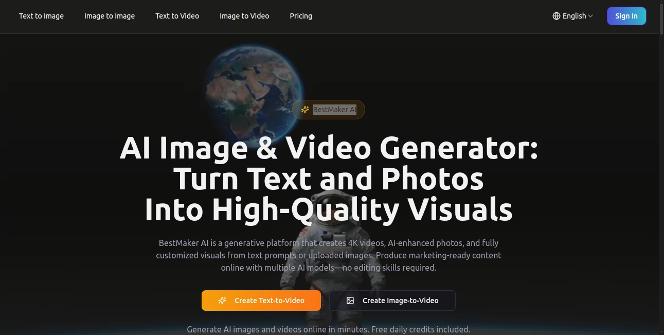 Screenshot of BestMaker AI – An AI tool in the ,AI Text to Image ,AI Photo & Image Generator ,AI Image to Video ,AI Video Generator  category, showcasing its interface and key features.