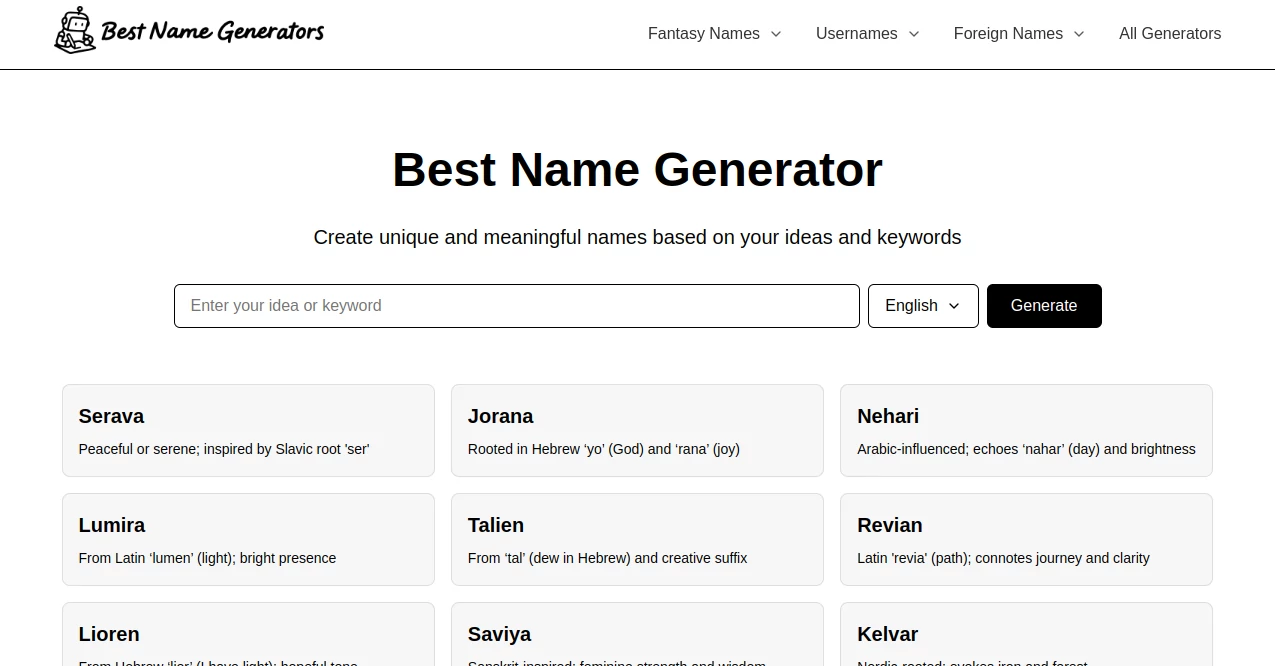 Screenshot of Best Name Generator – An AI tool in the ,AI Content Generator ,AI Business Ideas Generator ,AI Productivity Tools  category, showcasing its interface and key features.