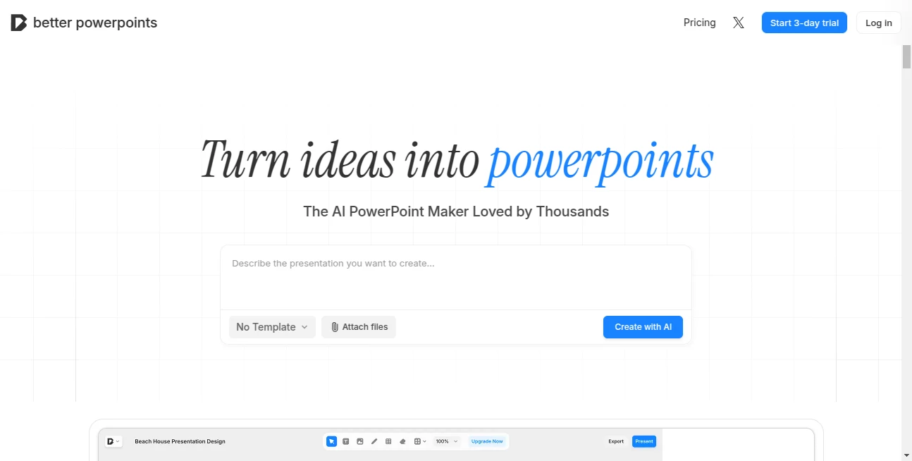 Screenshot of better powerpoints – An AI tool in the ,AI Rewriter ,AI Content Generator ,AI Design Assistant ,AI Presentation Generator  category, showcasing its interface and key features.