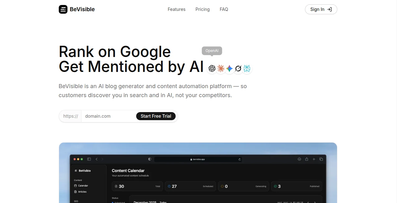 Screenshot of BeVisible – An AI tool in the ,AI Content Generator ,AI Social Media Assistant ,AI Marketing Plan Generator ,AI Digital Marketing Generator  category, showcasing its interface and key features.