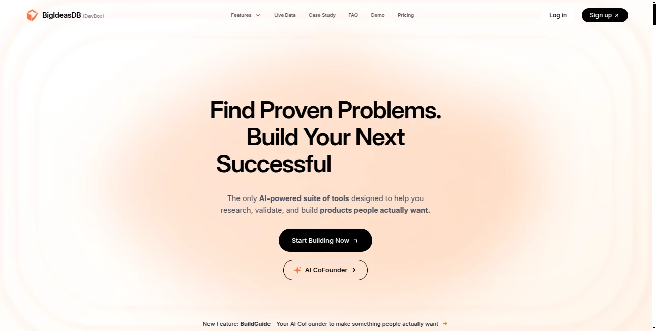 Screenshot of BigIdeasDB – An AI tool in the ,AI Product Description Generator ,AI Research Tool ,AI Business Ideas Generator ,AI Knowledge Management  category, showcasing its interface and key features.